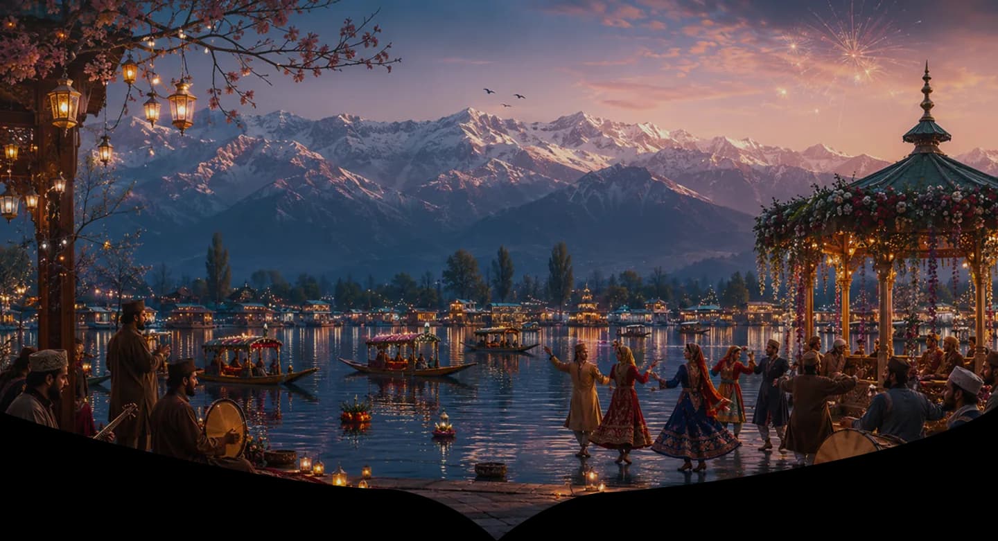 Dal Lake at dusk during a festival — decorated shikaras on the water, dancers in pheran and lit lanterns strung through blossom, with the snow line behind