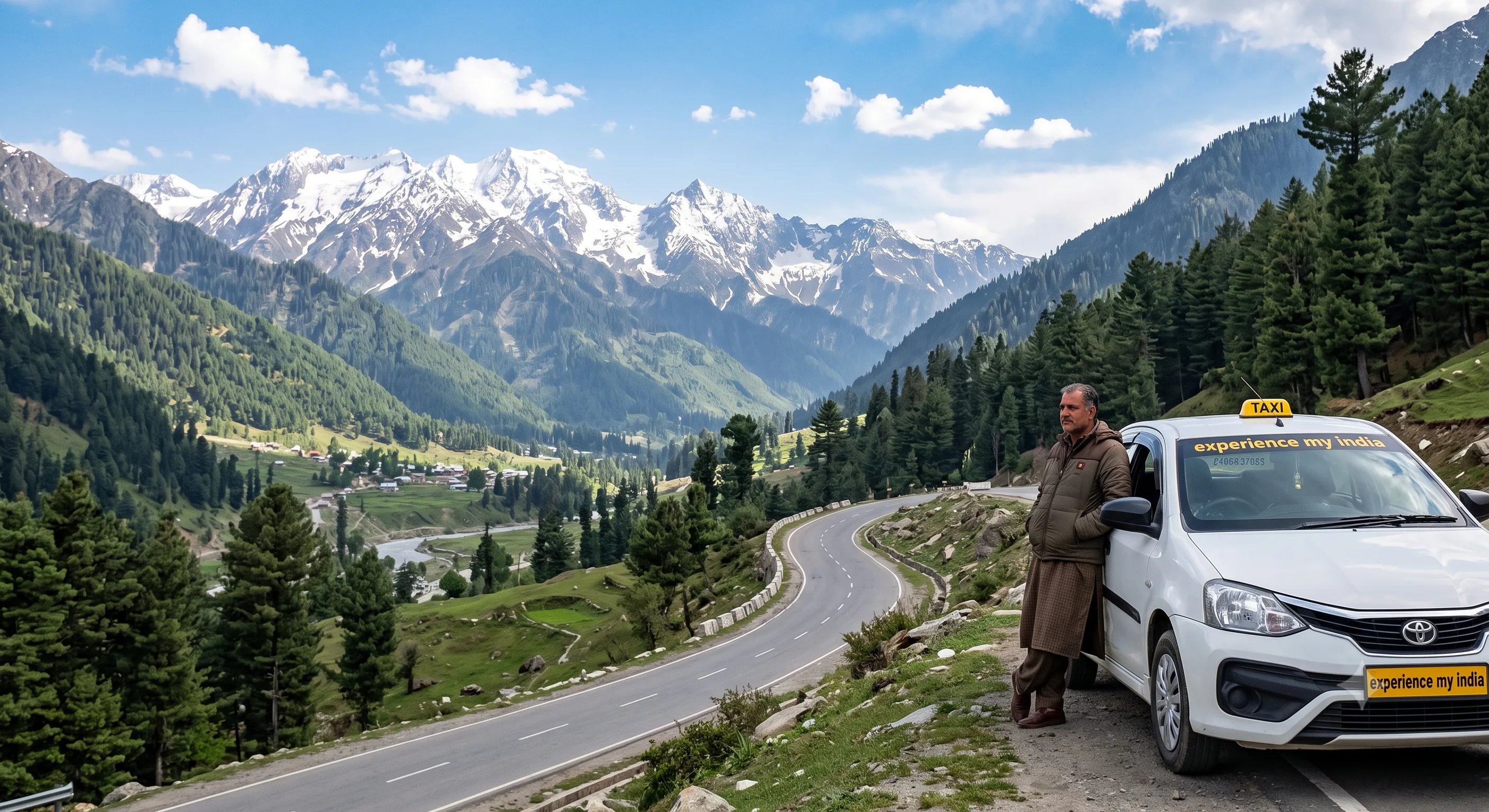 Taxi parked on a Kashmir mountain road